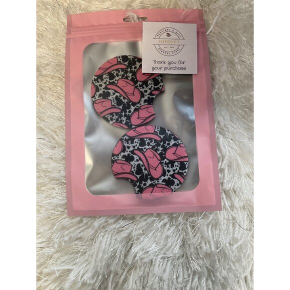 Western Themed Pink & Black Car Coaster Set - Picture 2 of 2